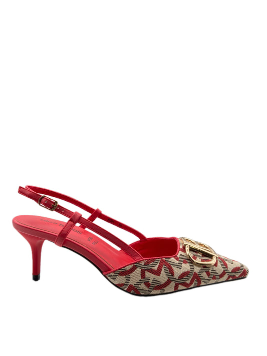 Décolleté slingback bicolor rosso e beige.