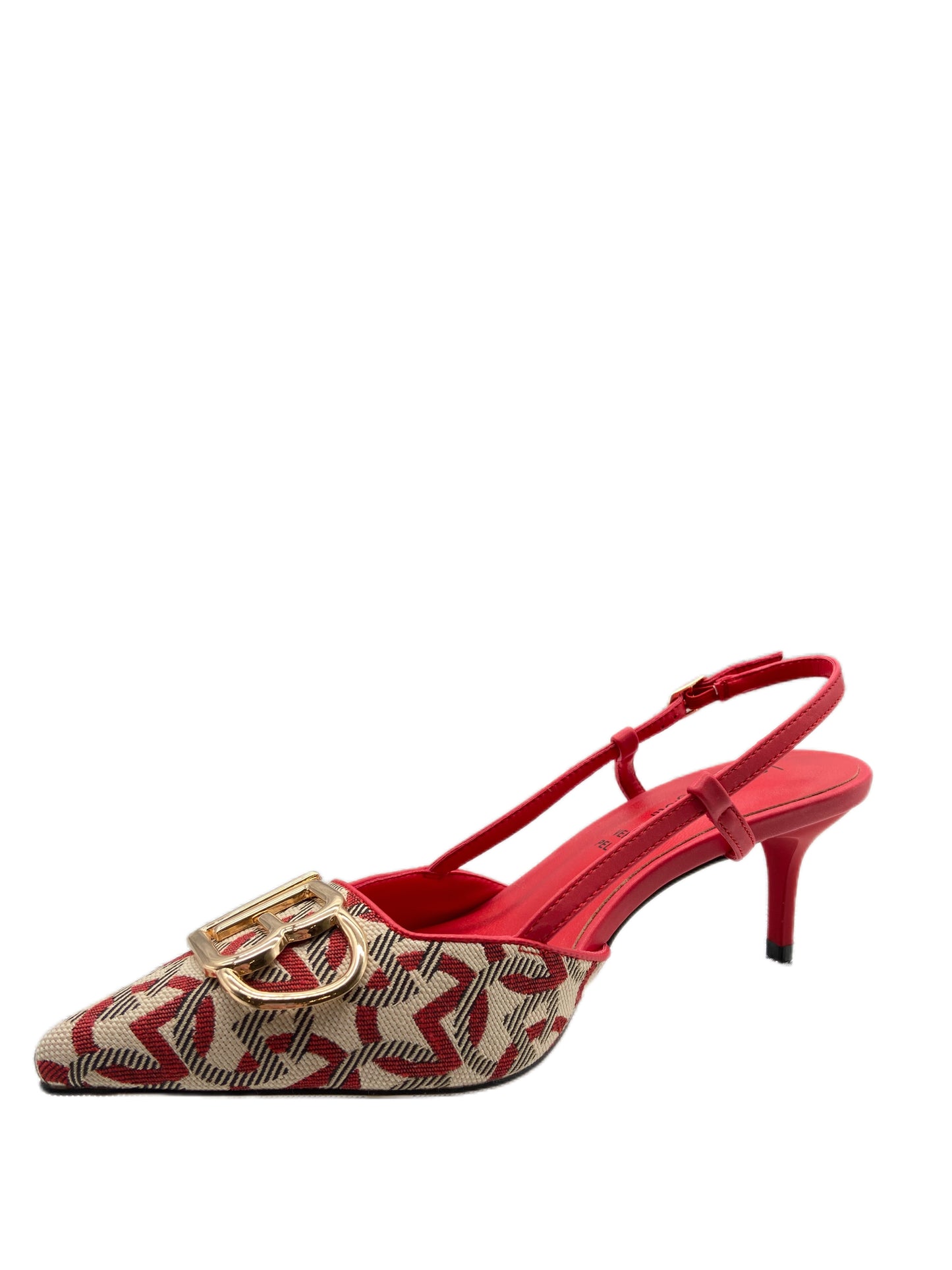 Décolleté slingback bicolor rosso e beige.