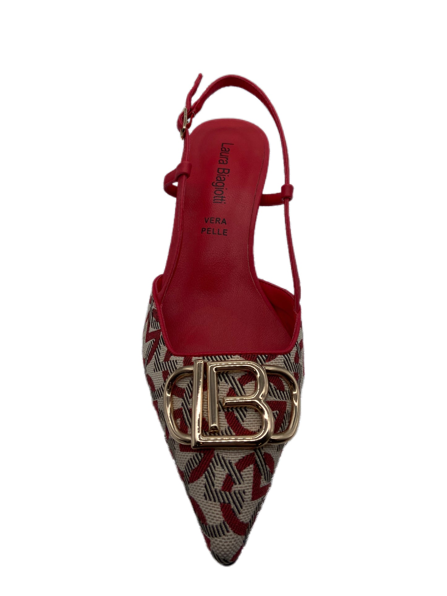 Décolleté slingback bicolor rosso e beige.